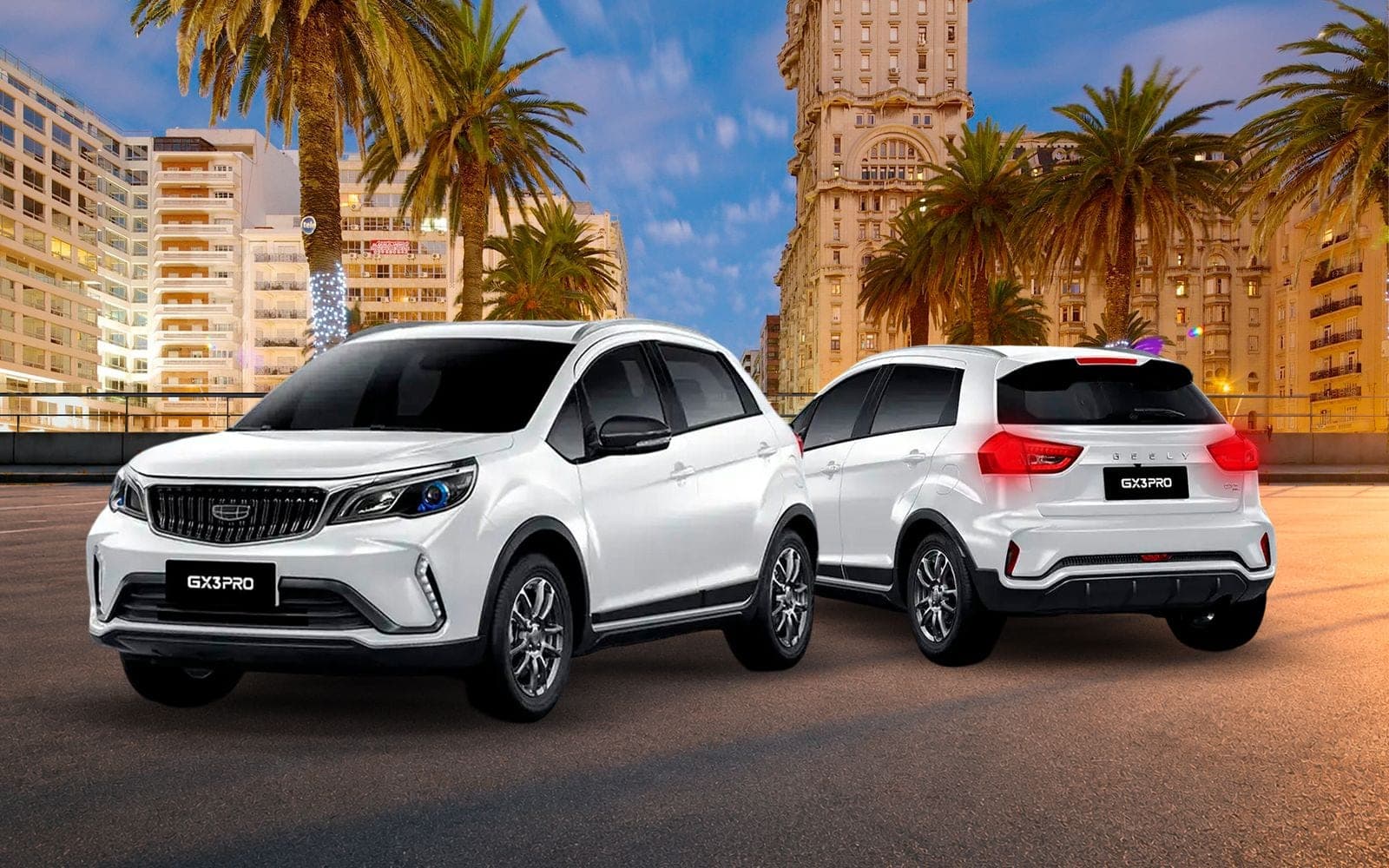 Geely GX3 blanco, de frente y de atrás, con el Palacio Salvo y las palmeras de la Plaza Independencia detrás