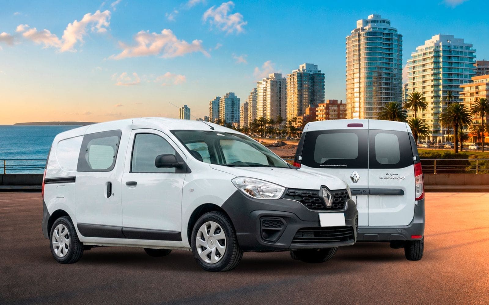 Renault Kangoo blanca de cinco pasajeros, de frente y de atrás, con la playa y los edificios de la costa de Montevideo detrás