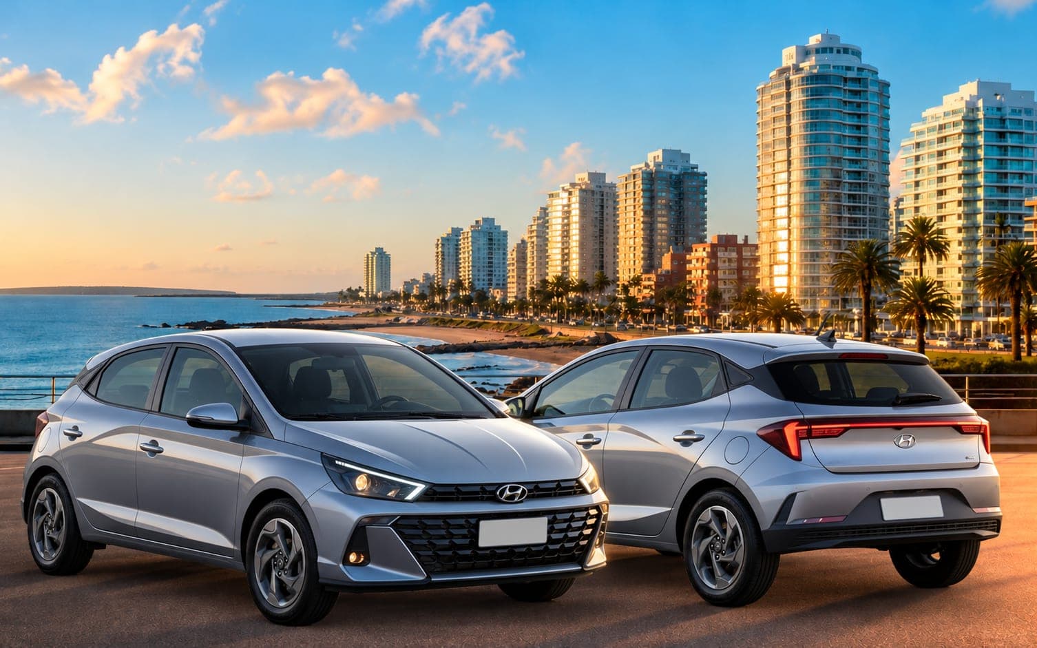 Hyundai HB20 plateado de cinco puertas, de frente y de atrás, con la playa y los edificios de Punta del Este detrás